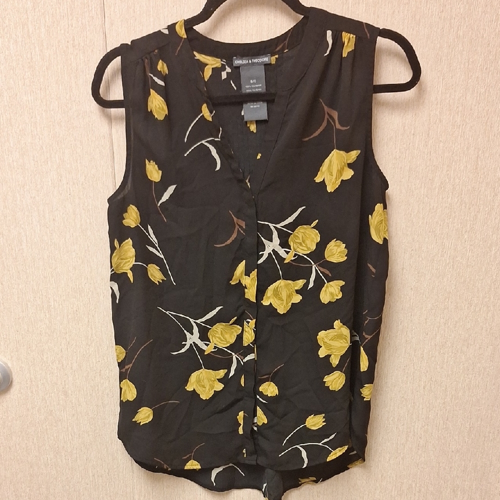 Chelsea & Theodore Black Blouse with Yellow Floral Design